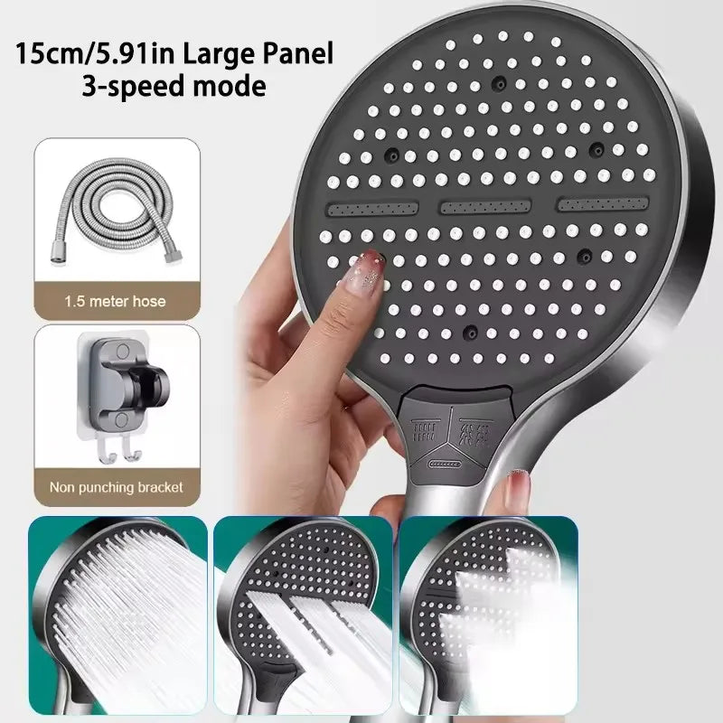 New 15CM Large Panel 6 Modes Pressurized Shower Head Multi-Function Sprayer High Pressure Adjustable Shower Bathroom Accessories